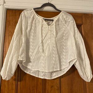 Urban Outfitters White Embroidered Keyhole Puff Sleeve Top